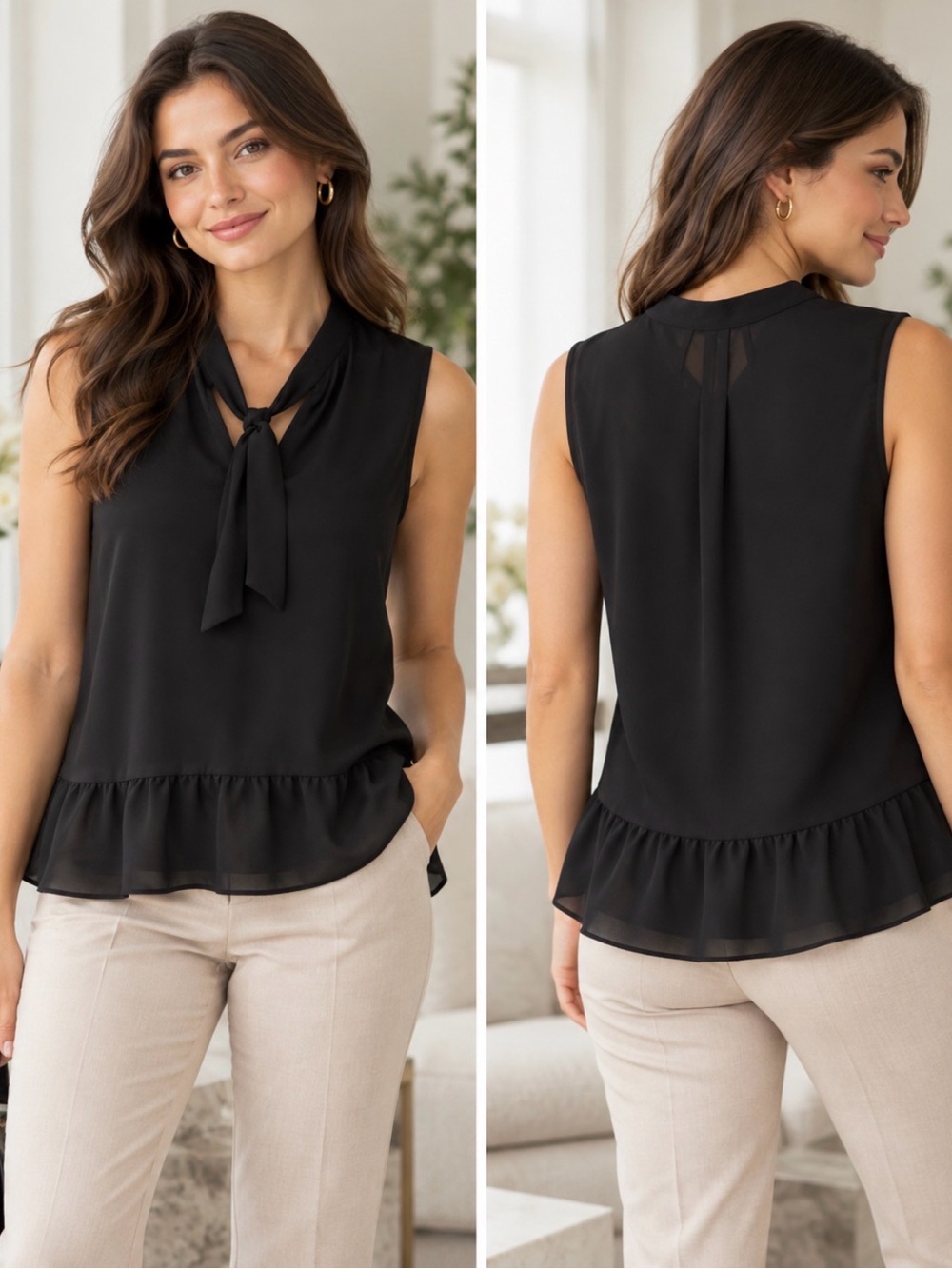 Banana Republic Sleeveless Tie-Neck Ruffle Hem Top - Black Sz S